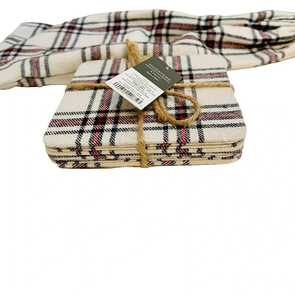 Threshold Plaid Holiday Christmas Fabric Drawstring Wine Bag and four Coasters
